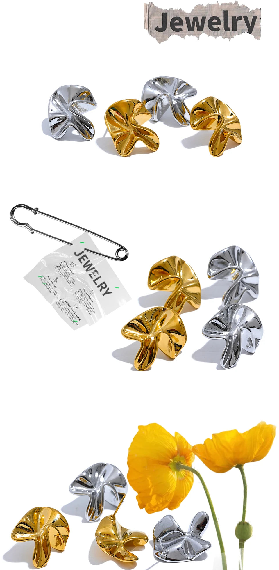 Flower earrings in gold-plated 316L stainless steel.