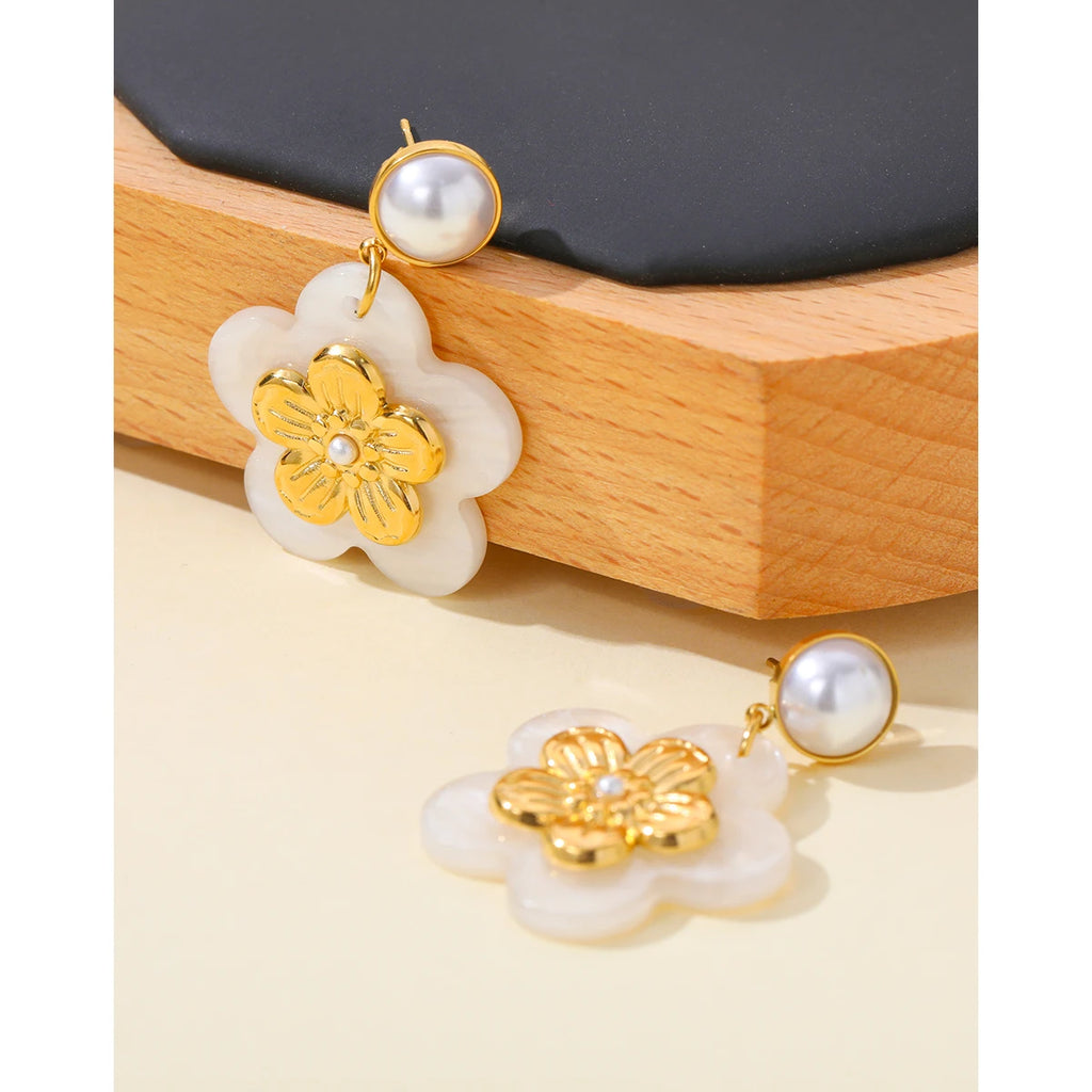 Drop Earrings Acrylic Flower Pearl — 316L Stainless Steel · PS391