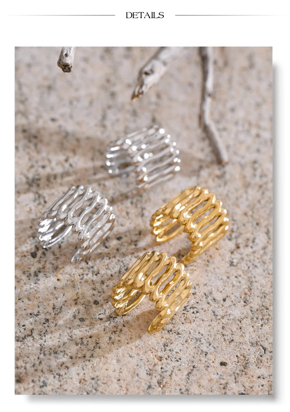 Geometric layered earrings in gold-plated stainless steel.