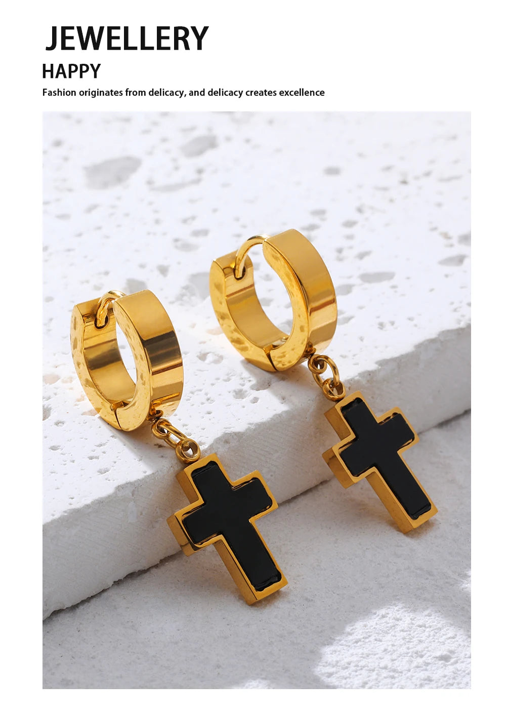 Cross Huggie Earrings Black Acrylic Charm — 316L Stainless Steel · PS456