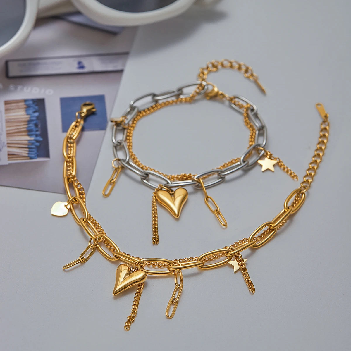 Bow Heart Charm Bracelet — Stainless Steel · PS017