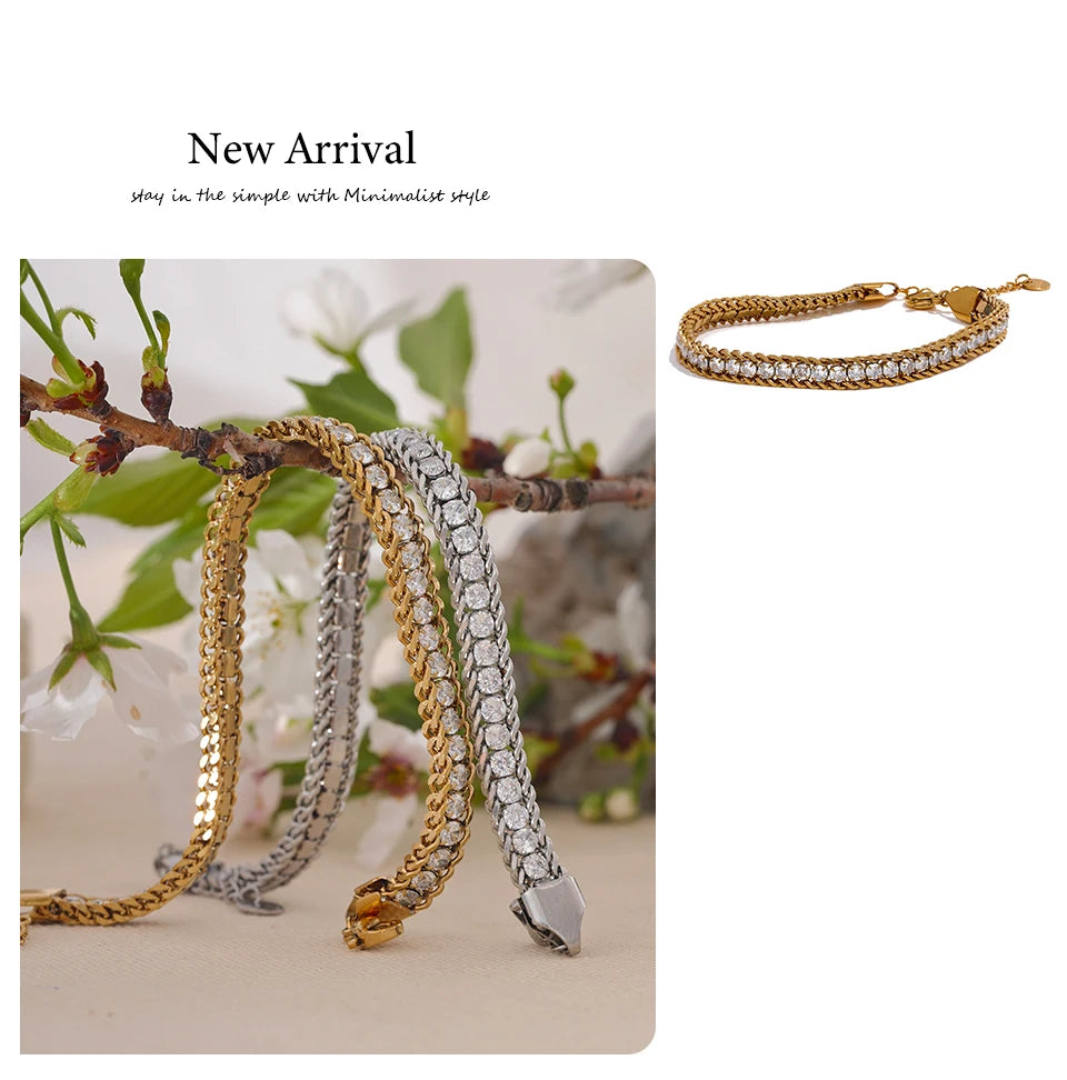 Cubic Zirconia Geometric Chain Bracelet — Gold-Plated Stainless Steel with Cubic Zirconia · PS1872