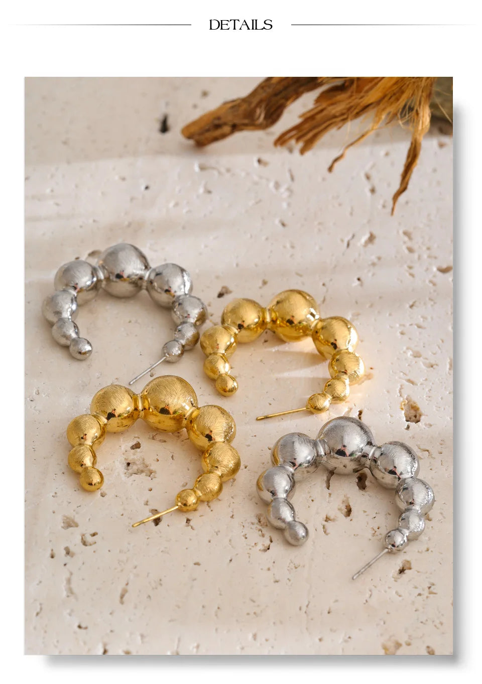 Beaded geometric earrings in gold-plated stainless steel.