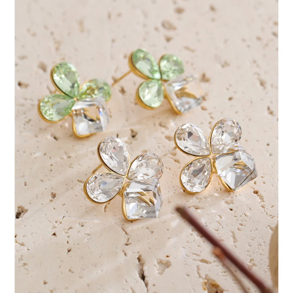 Crystal Flower Geometric Earrings — Gold-Plated Stainless Steel with Crystal · PS1534