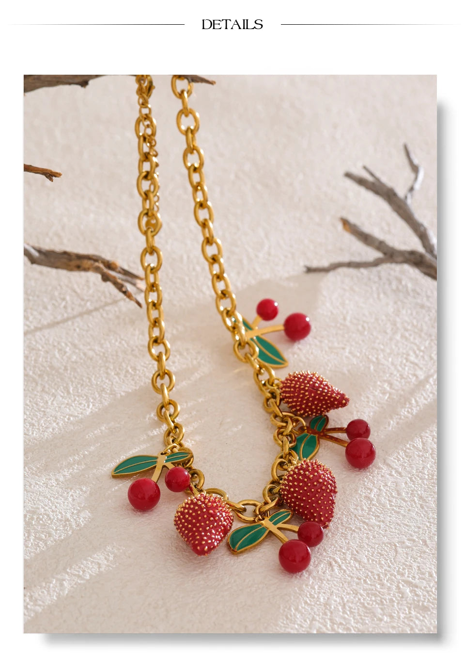 Red acrylic enamel necklace in gold-plated stainless steel with acrylic and enamel.