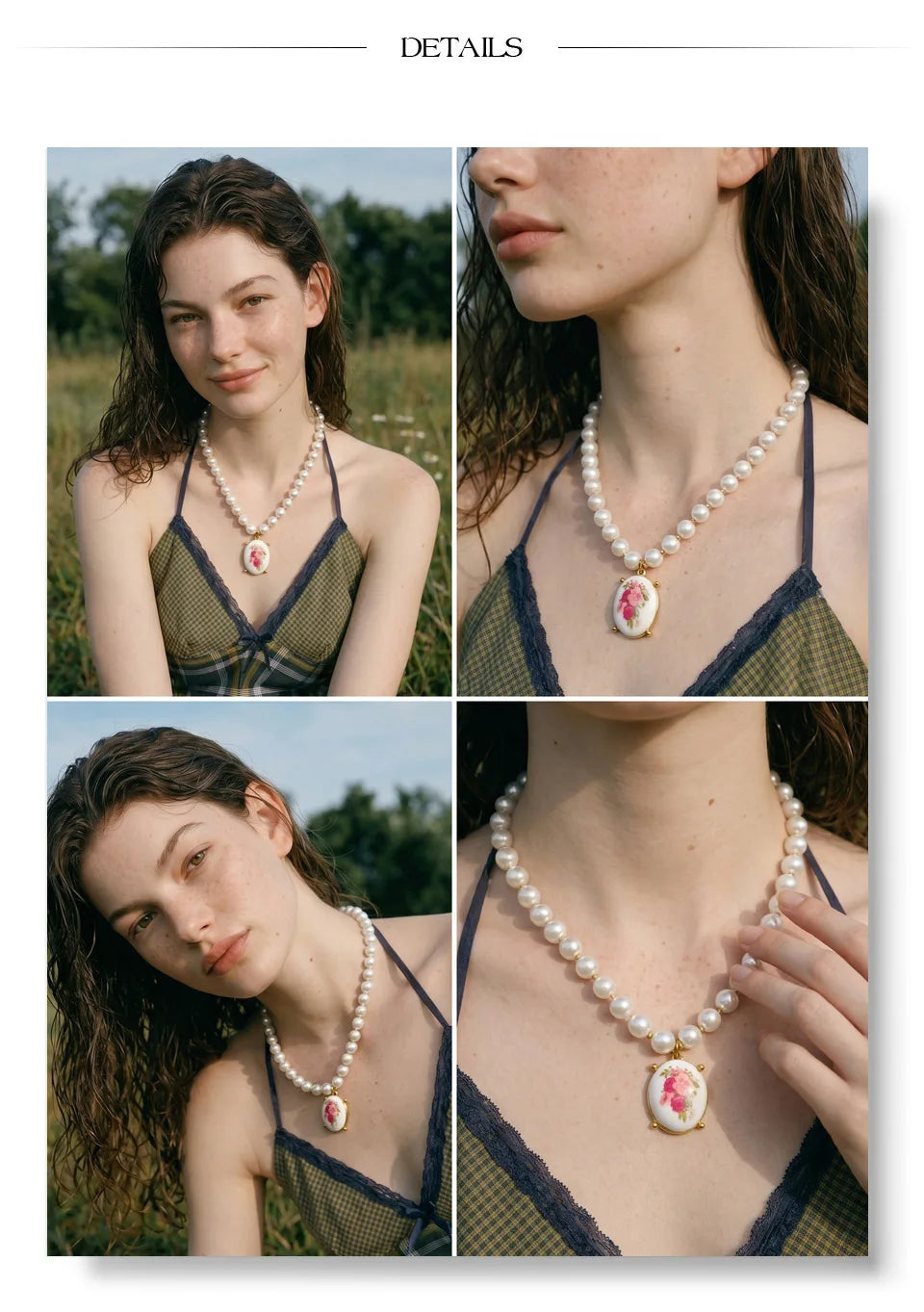 Pearl resin flower necklace in gold-plated stainless steel with pearl and resin.
