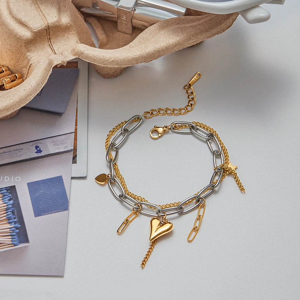 Bow Heart Charm Bracelet — Stainless Steel · PS017