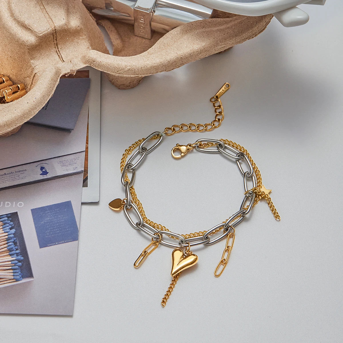 Bow Heart Charm Bracelet — Stainless Steel · PS017
