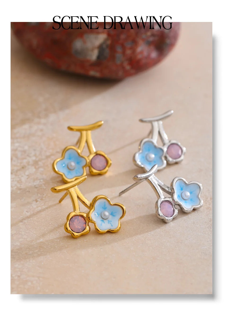 Pearl enamel flower earrings in gold-plated stainless steel with pearl and enamel.