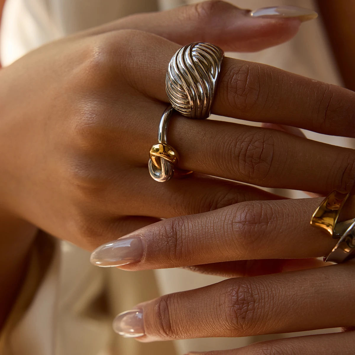 Two-Tone Shell Ring Stack — Stainless Steel · PS270
