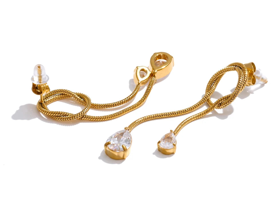Cubic Zirconia Geometric Chain Earrings — Gold-Plated Stainless Steel with Cubic Zirconia · PS1608