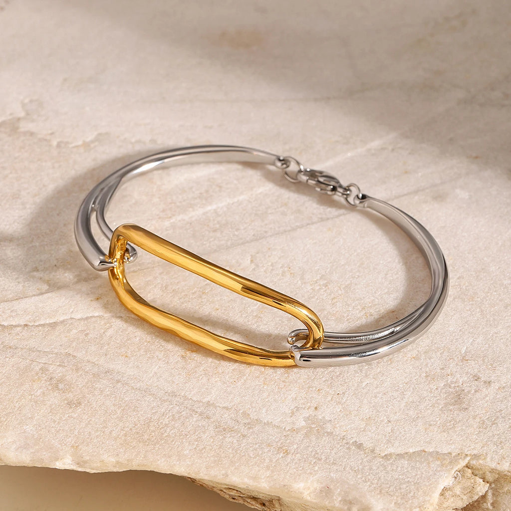 Two-Tone Oval Link Cuff Bracelet — Stainless Steel · PS043