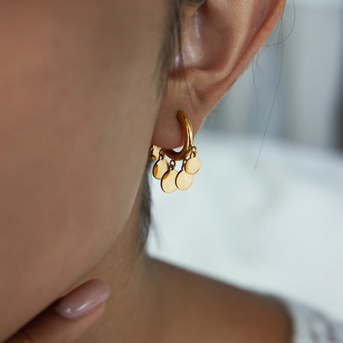 Leaf Charm Hoop Earrings — Stainless Steel · PS098