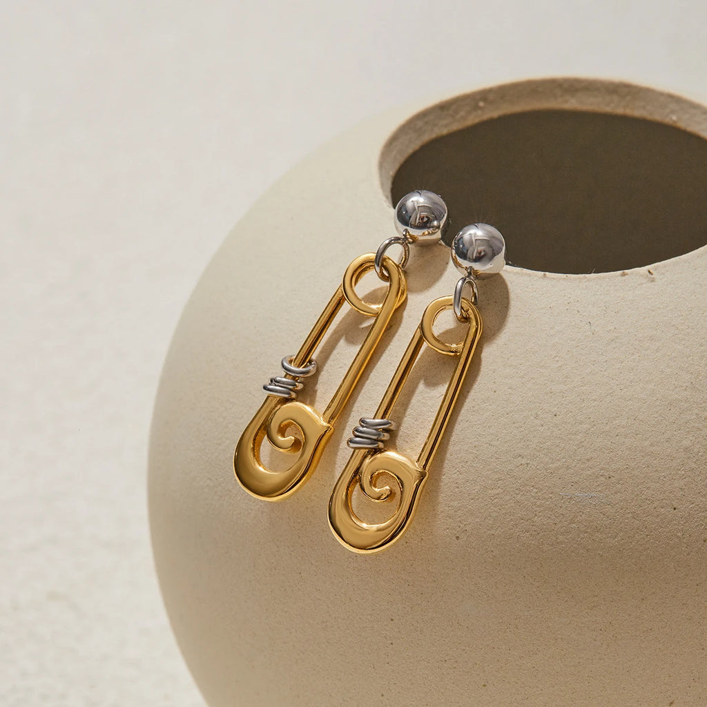 Safety Pin Pearl Earrings — Stainless Steel · PS105