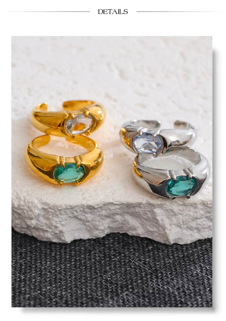 White cubic zirconia geometric ring in 18K gold-plated stainless steel with cubic zirconia.