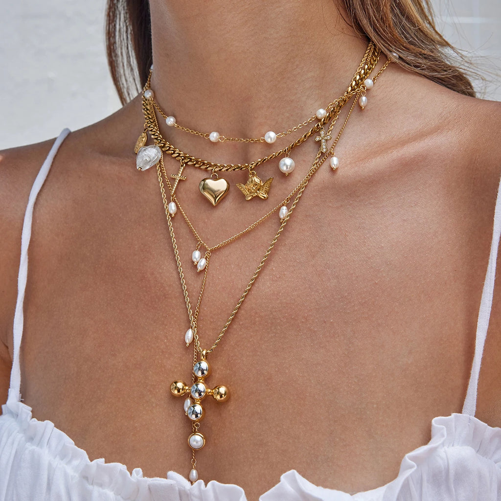 Angel Cross Pearl Necklace — Stainless Steel · PS278