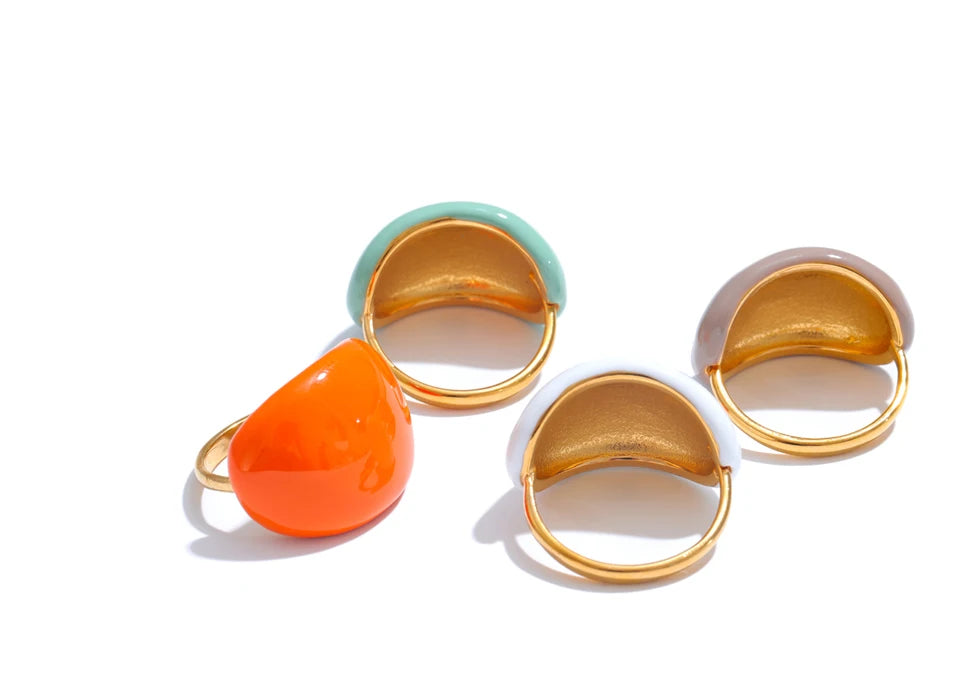 White enamel multi-color ring in 18K gold-plated stainless steel with enamel.