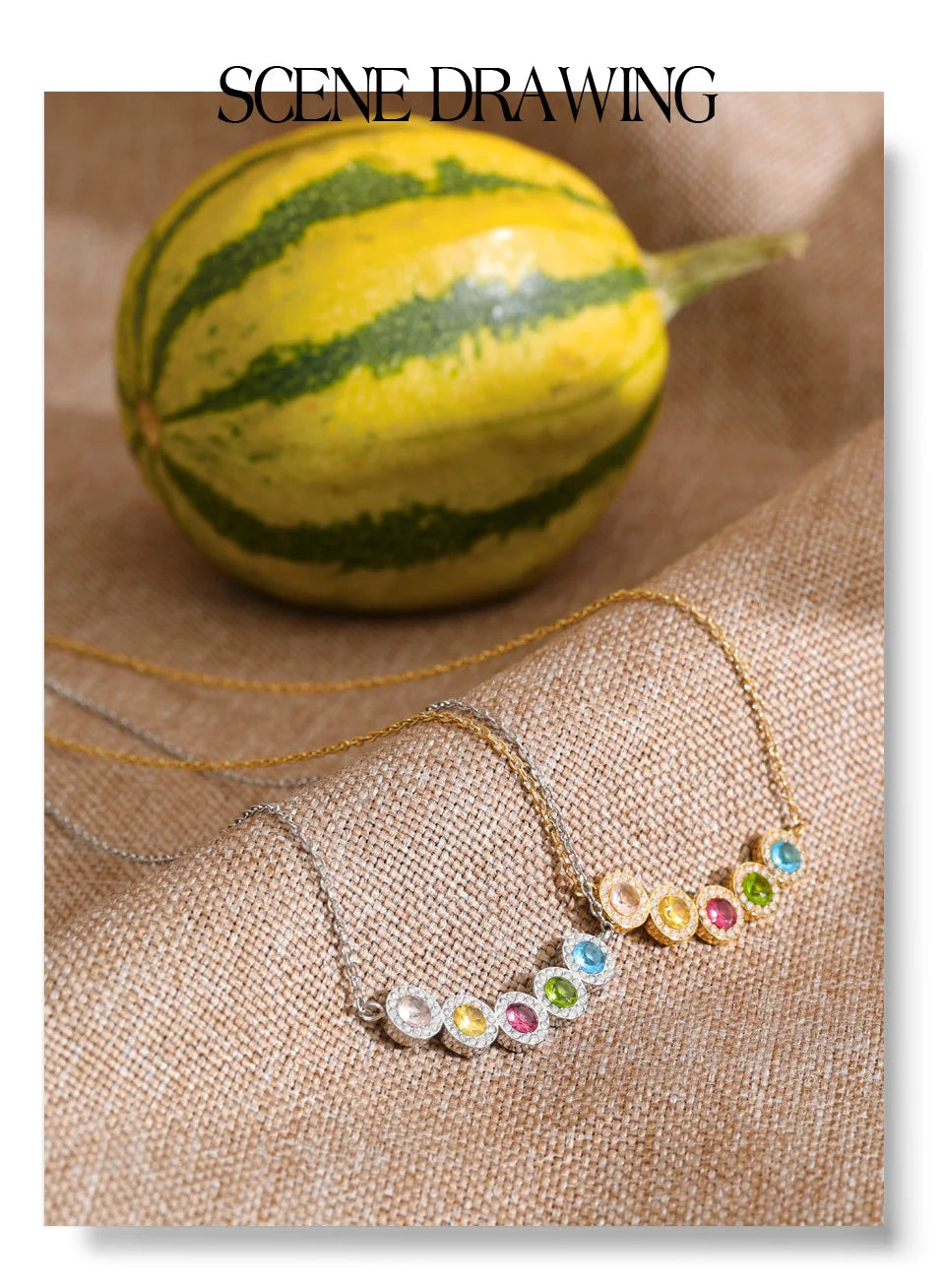 Cubic zirconia multi-color geometric necklace in gold-plated stainless steel with cubic zirconia.