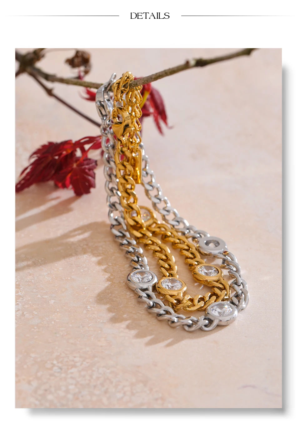 Cubic zirconia geometric chain necklace in gold-plated stainless steel with cubic zirconia.