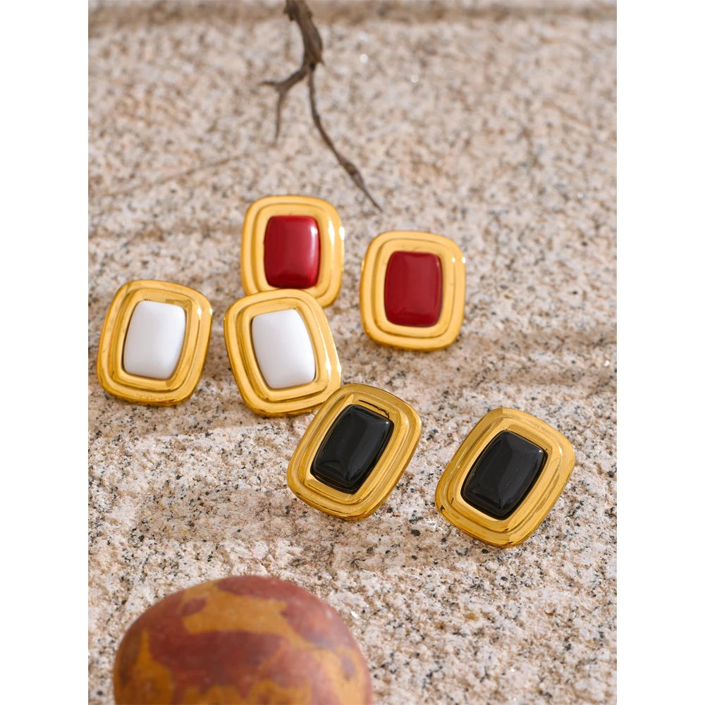Black Natural Stone Geometric Earrings — Gold-Plated Stainless Steel with Natural Stone · PS1596
