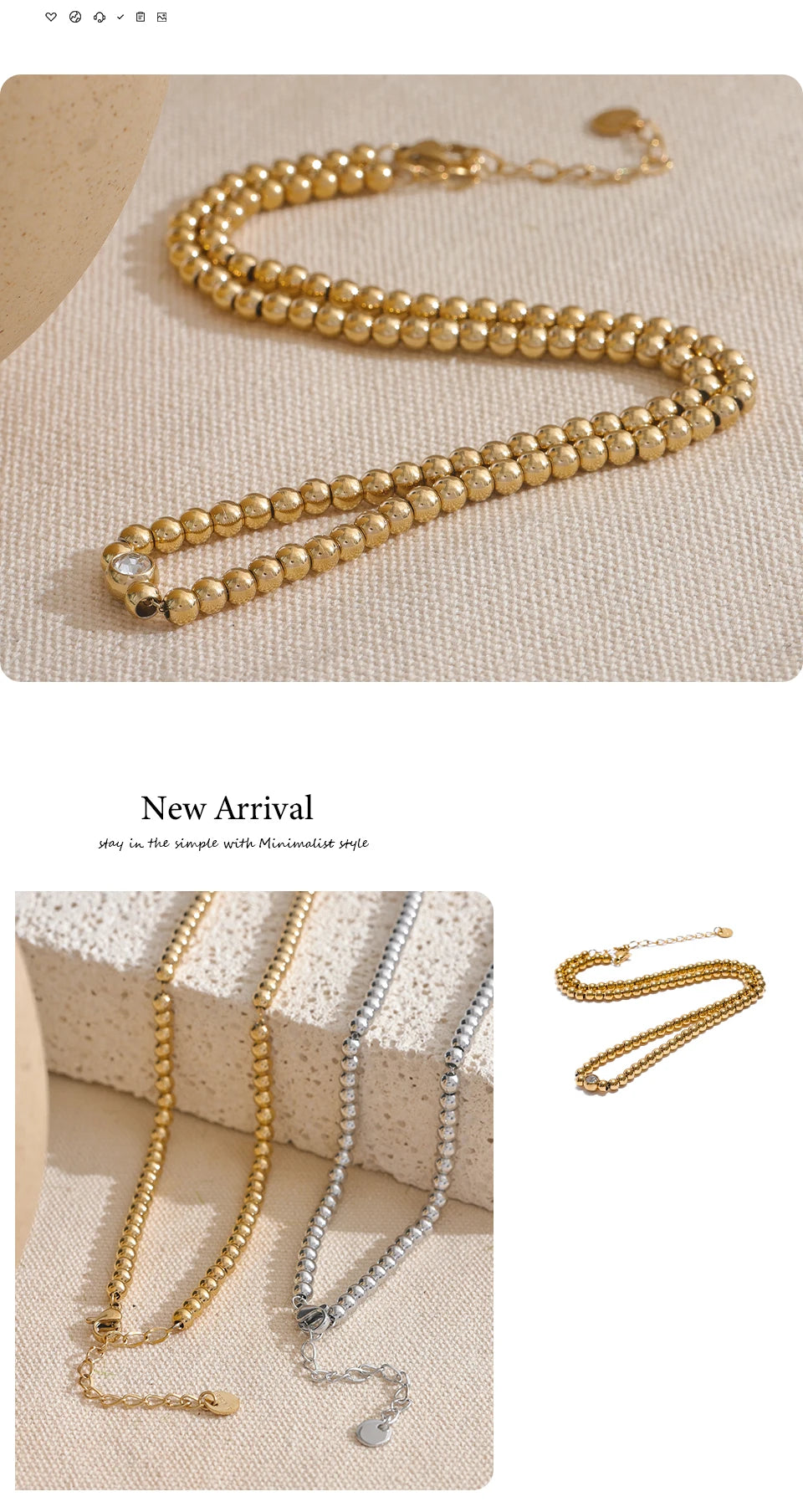 Cubic zirconia beaded geometric necklace in 18K gold-plated stainless steel with cubic zirconia.