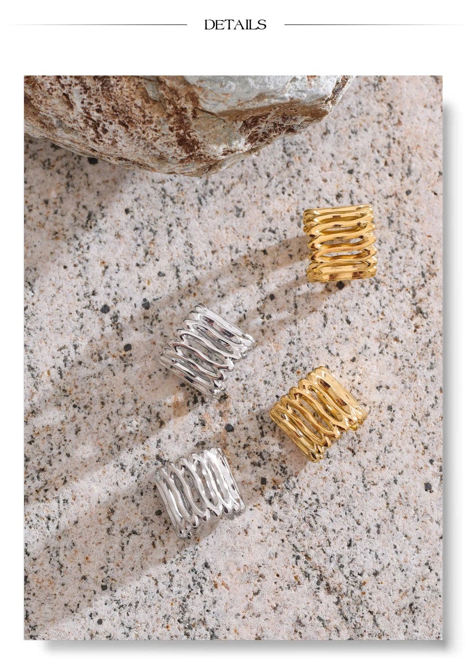 Geometric layered earrings in gold-plated stainless steel.