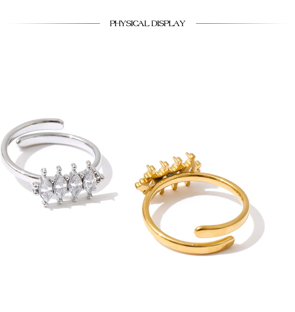 Cubic zirconia geometric ring in 18K gold-plated stainless steel with cubic zirconia.