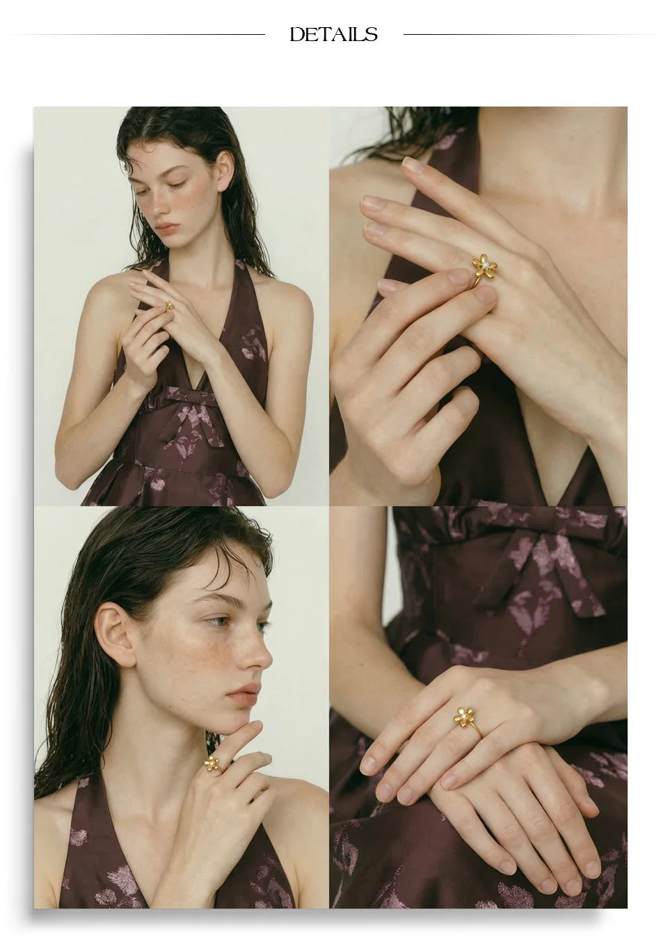 Pearl flower minimalist ring in 18K gold-plated stainless steel with pearl.
