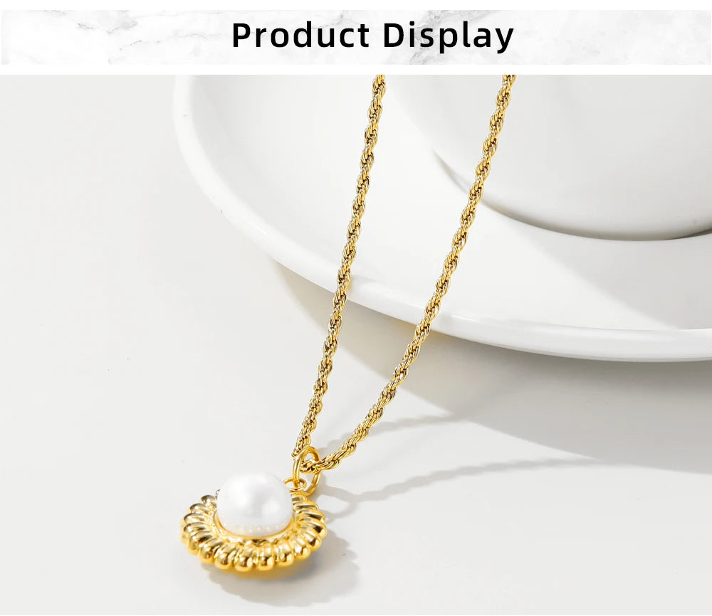 Rope Chain Pearl Round Metal Pendant Necklace — 316L Stainless Steel · PS389