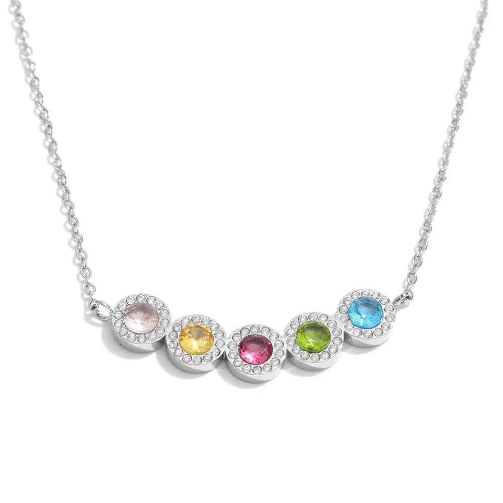 Cubic zirconia multi-color geometric necklace in gold-plated stainless steel with cubic zirconia.