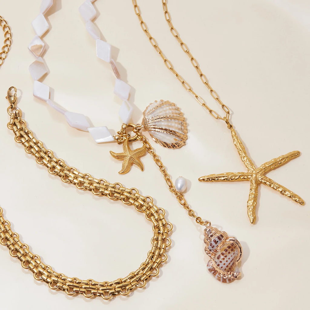 Layered Shell Choker Necklace — Stainless Steel · PS165