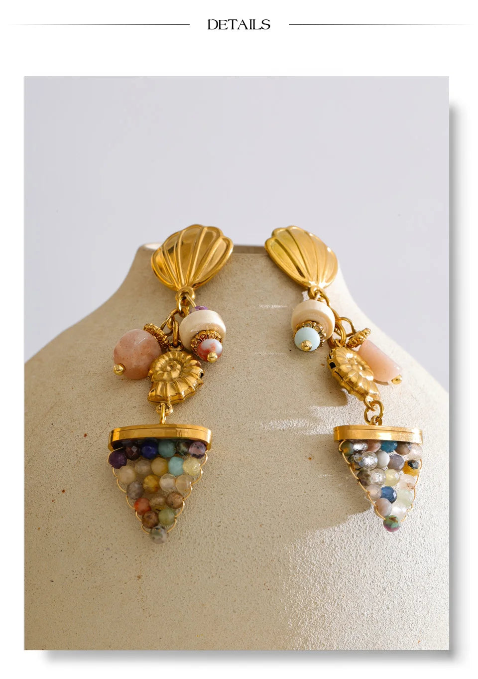 Shell natural stone geometric earrings in gold-plated stainless steel with natural stone and shell.