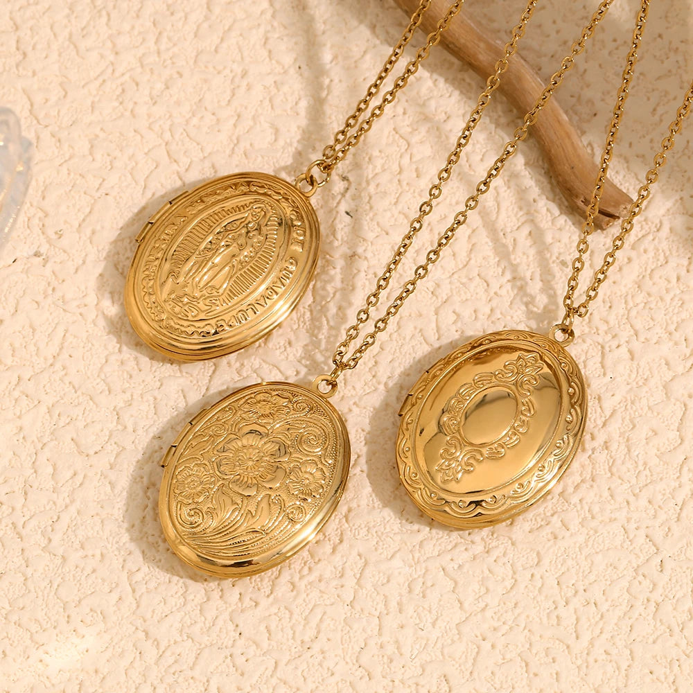 E.B.belle Oval Shape Flower Mirror Photo Box Pendant Necklace 18k Gold Plated Stainless Steel Jewelry Charm For Women Girl Gift