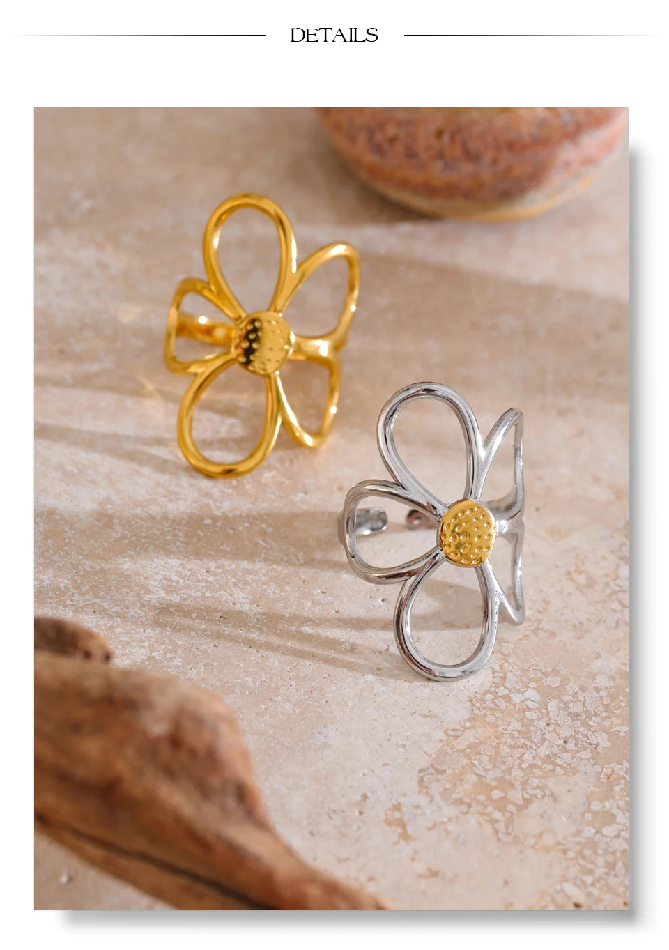 Flower ring in gold-plated stainless steel.