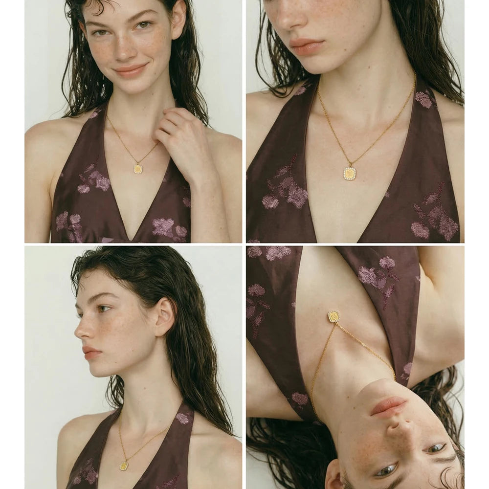 Cubic zirconia flower geometric necklace in gold-plated stainless steel with cubic zirconia.