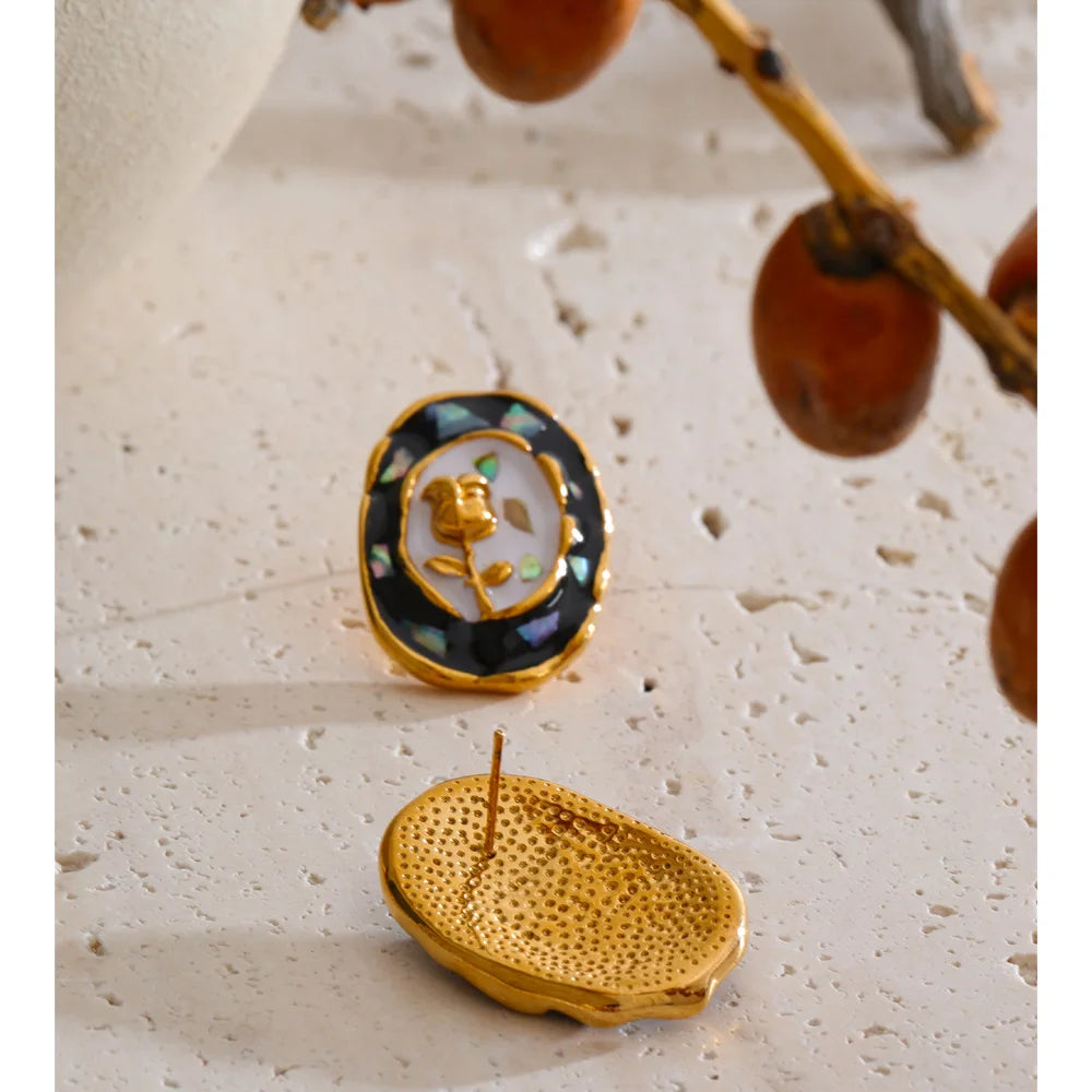 Cubic Zirconia Enamel Flower Earrings — Gold-Plated Stainless Steel with Cubic Zirconia and Enamel · PS1298