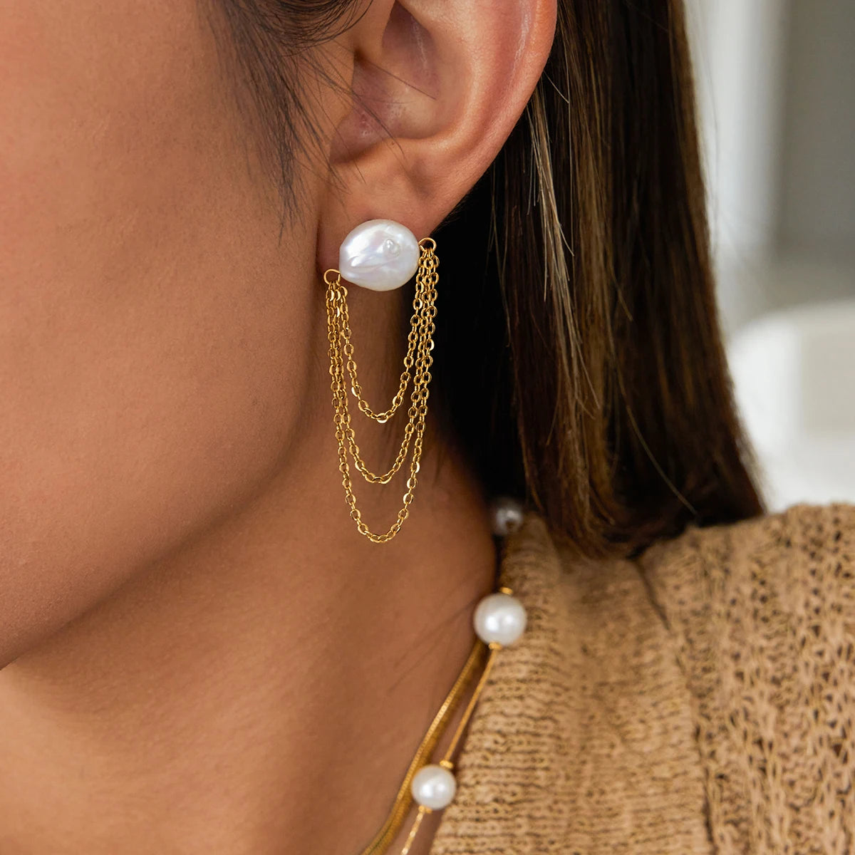Pearl Chain Ear Cuff Earrings — Stainless Steel · PS084