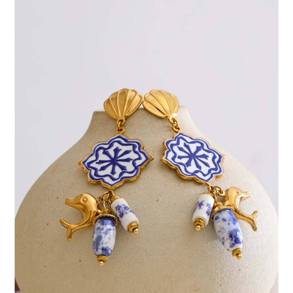 Blue shell enamel earrings in gold-plated stainless steel with shell and enamel.