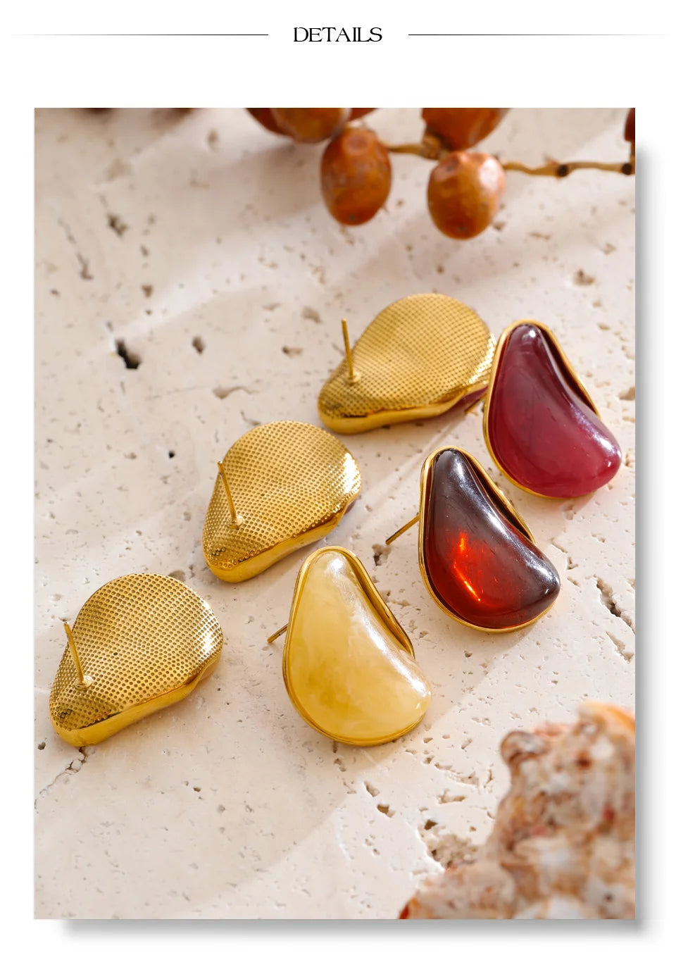 Red resin acrylic earrings in gold-plated stainless steel with resin and acrylic.
