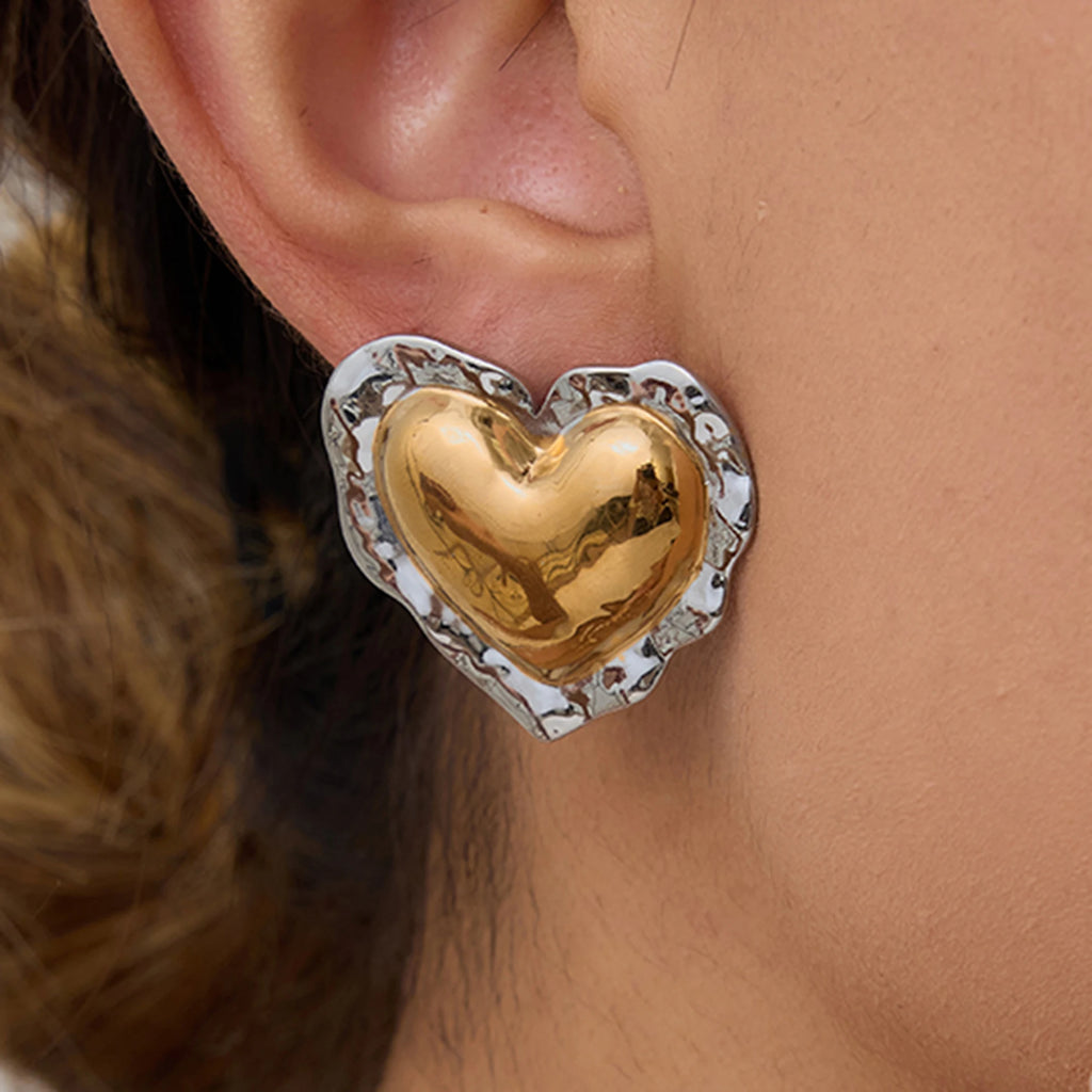Two-Tone Puffy Heart Earrings — Stainless Steel · PS062