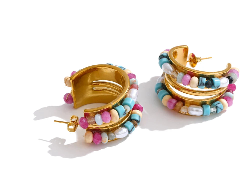 Pearl crystal natural stone earrings in gold-plated stainless steel with pearl and natural stone.