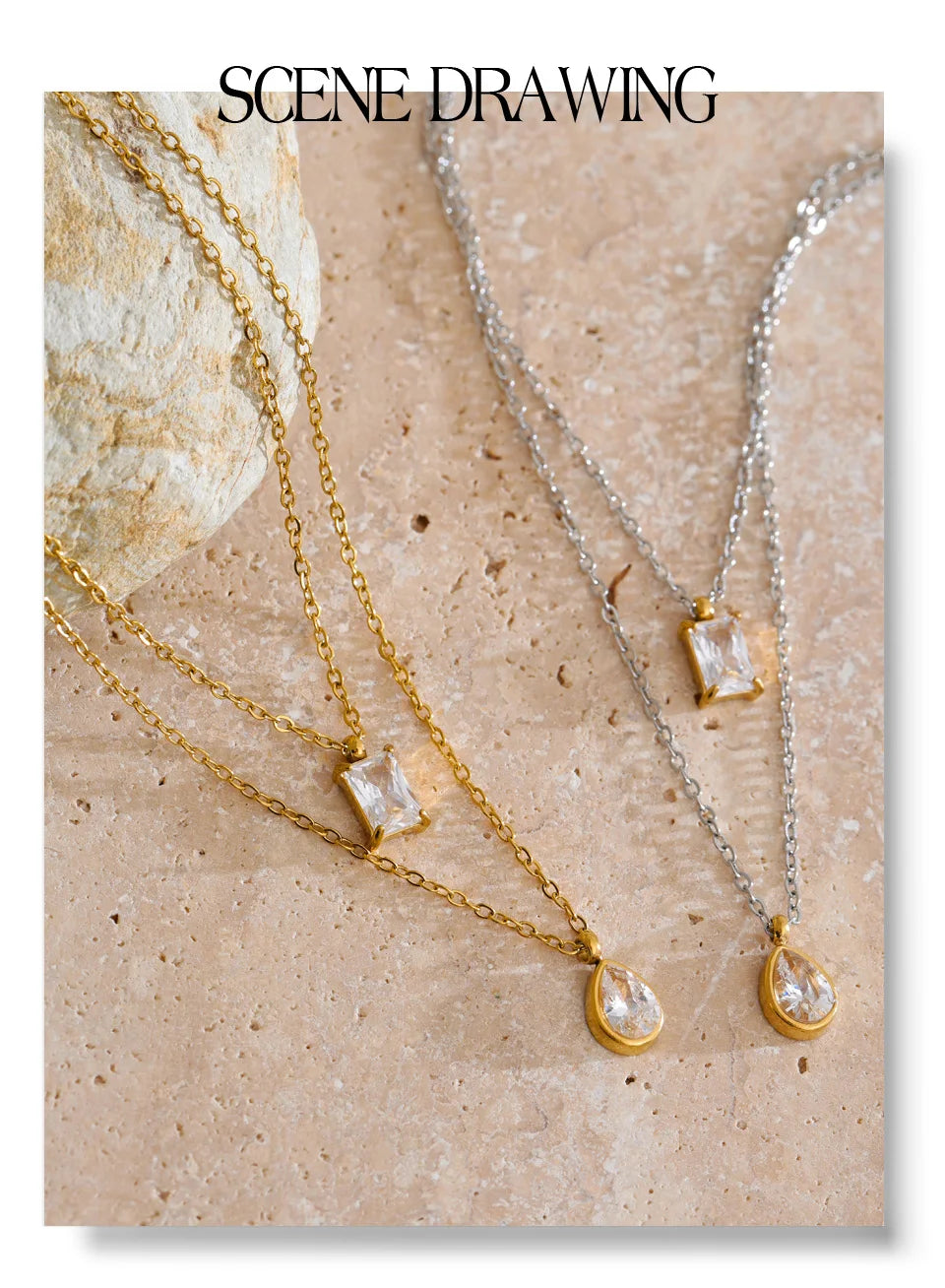 Cubic zirconia geometric layered necklace in gold-plated stainless steel with cubic zirconia.