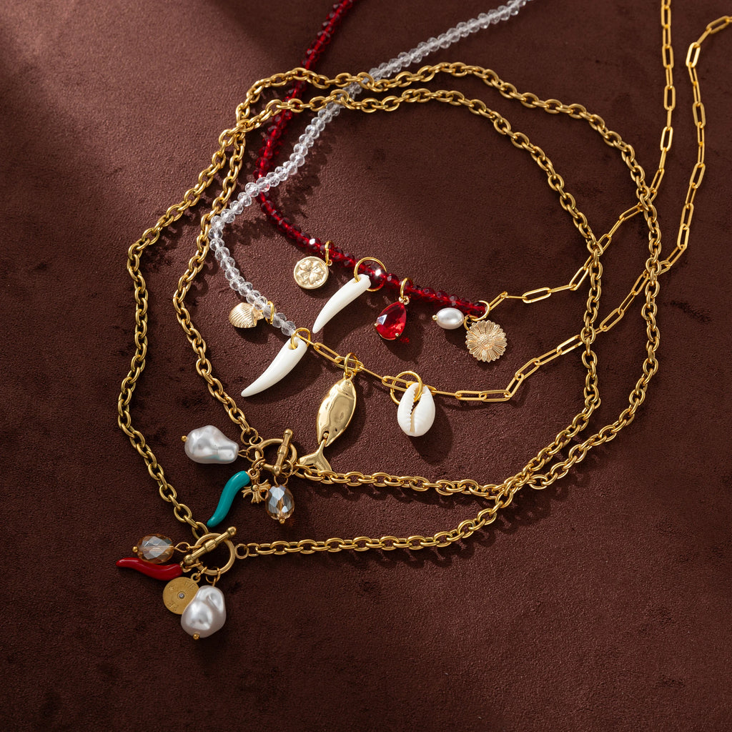 Charm Necklace 18K Gold Plated | Fish, Chili, Pearl & Coin Pendants | Trendy Layered Jewelry for Women