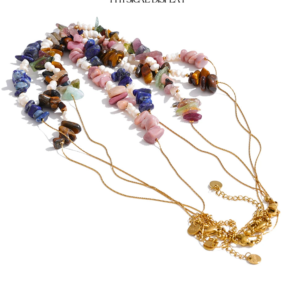 Pearl natural stone multi-color necklace in gold-plated stainless steel with pearl and natural stone.