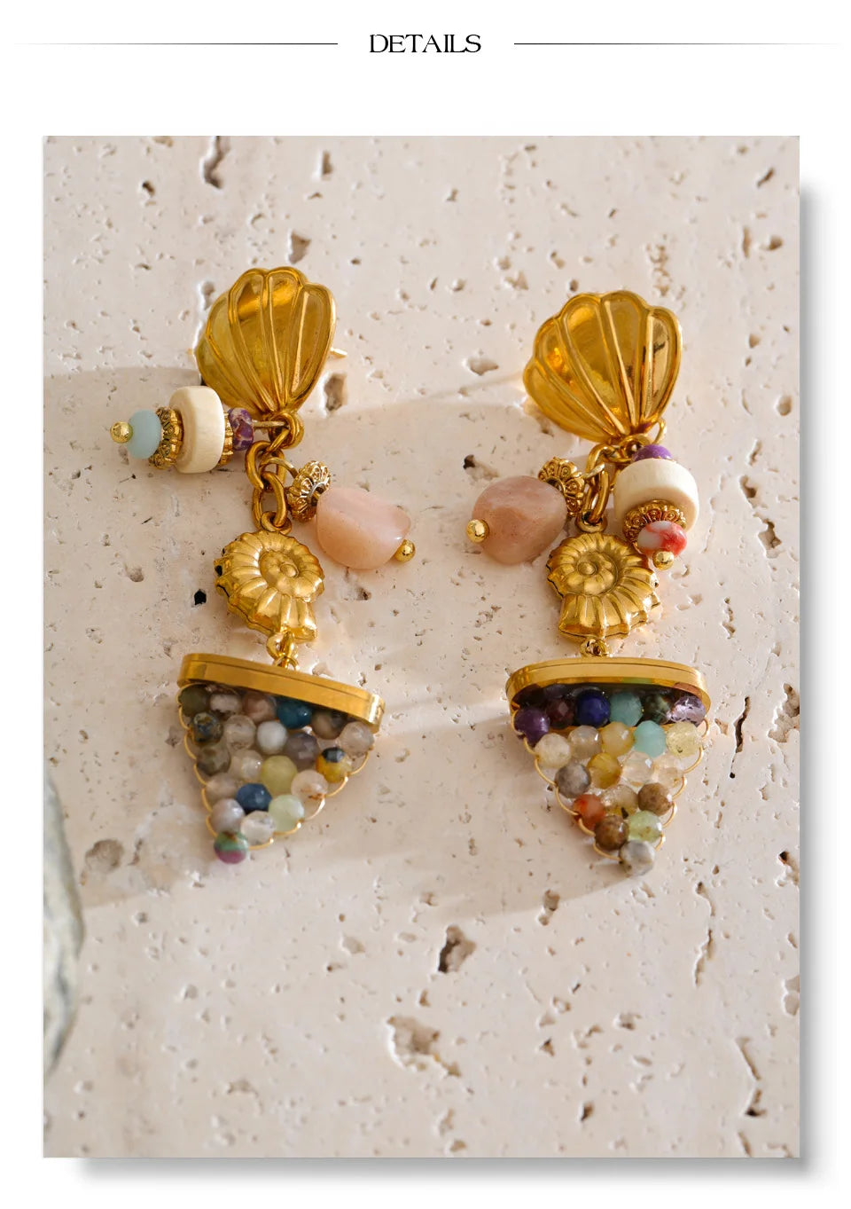 Shell natural stone geometric earrings in gold-plated stainless steel with natural stone and shell.