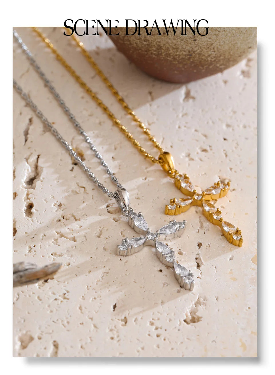 Cubic zirconia cross necklace in gold-plated stainless steel with cubic zirconia.