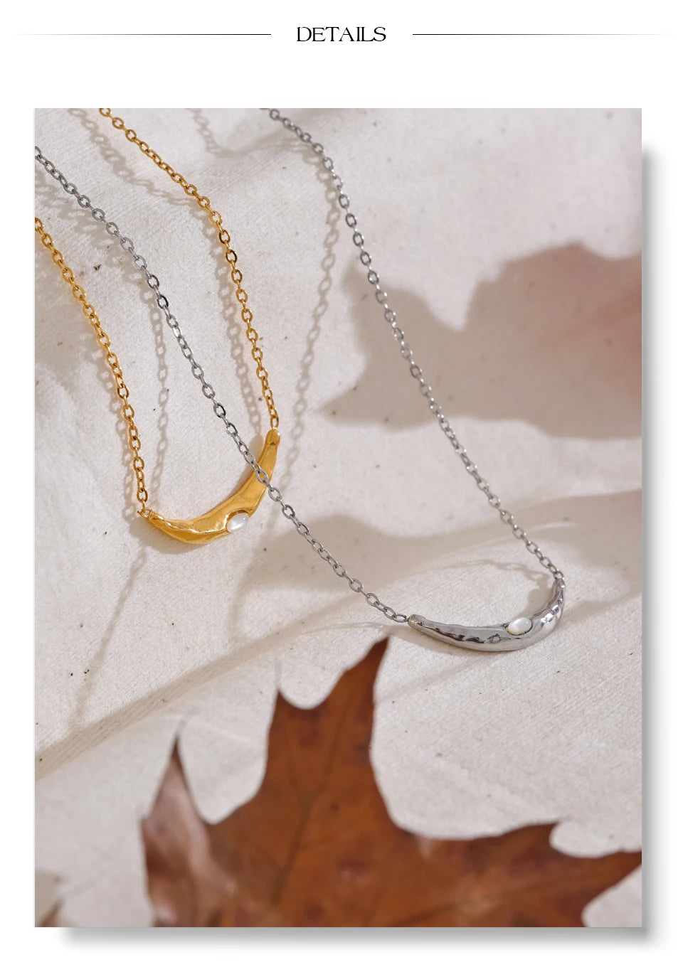Shell moon geometric necklace in gold-plated stainless steel with shell.