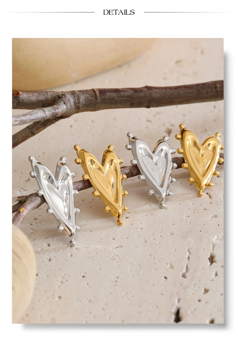 Heart earrings in gold-plated stainless steel.
