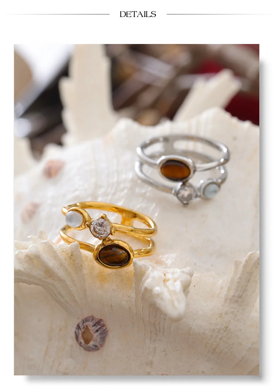 Cubic zirconia natural stone geometric ring in 18K gold-plated stainless steel with cubic zirconia and natural stone.