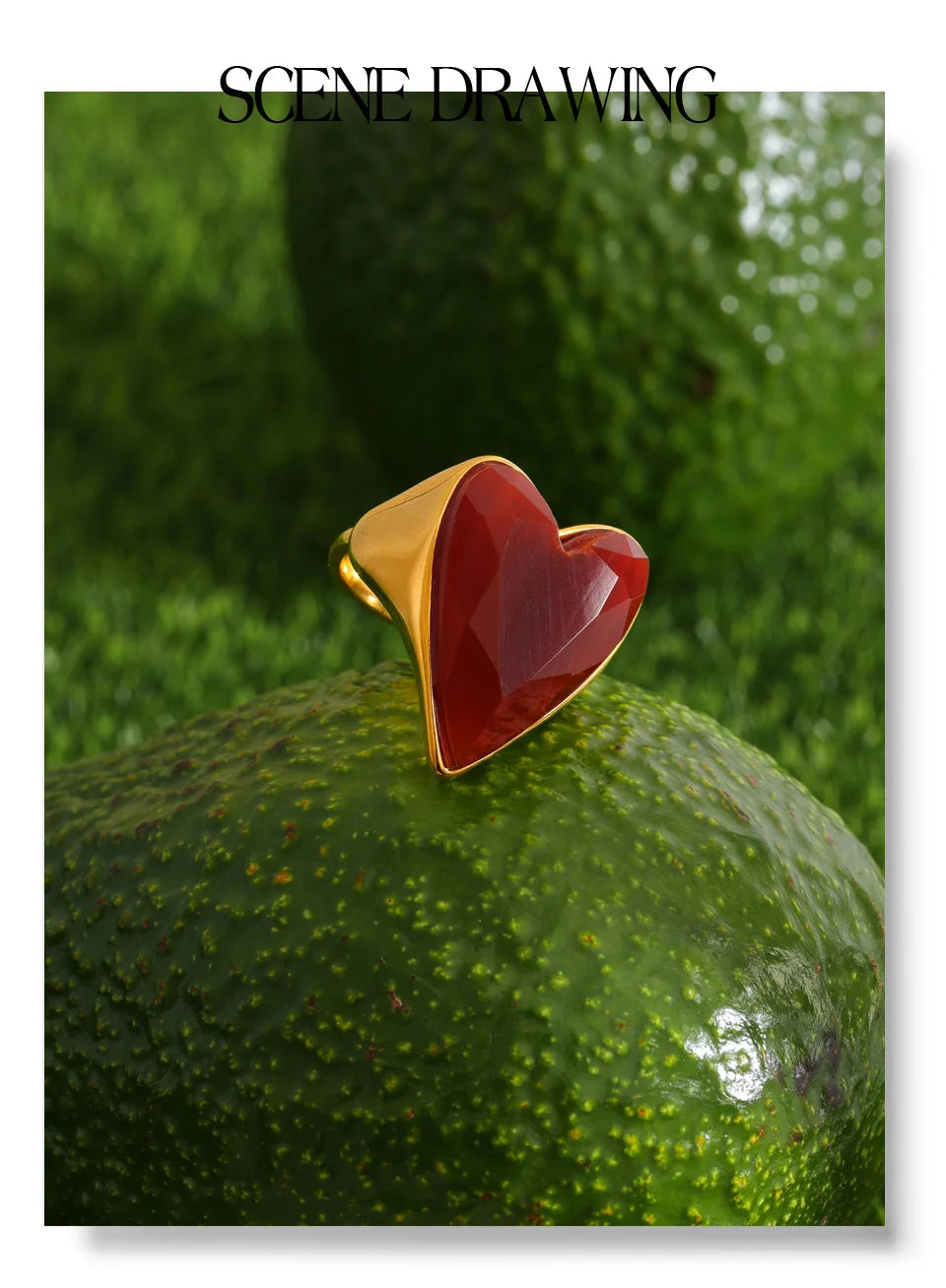 Red natural stone heart ring in 18K gold-plated stainless steel with natural stone.